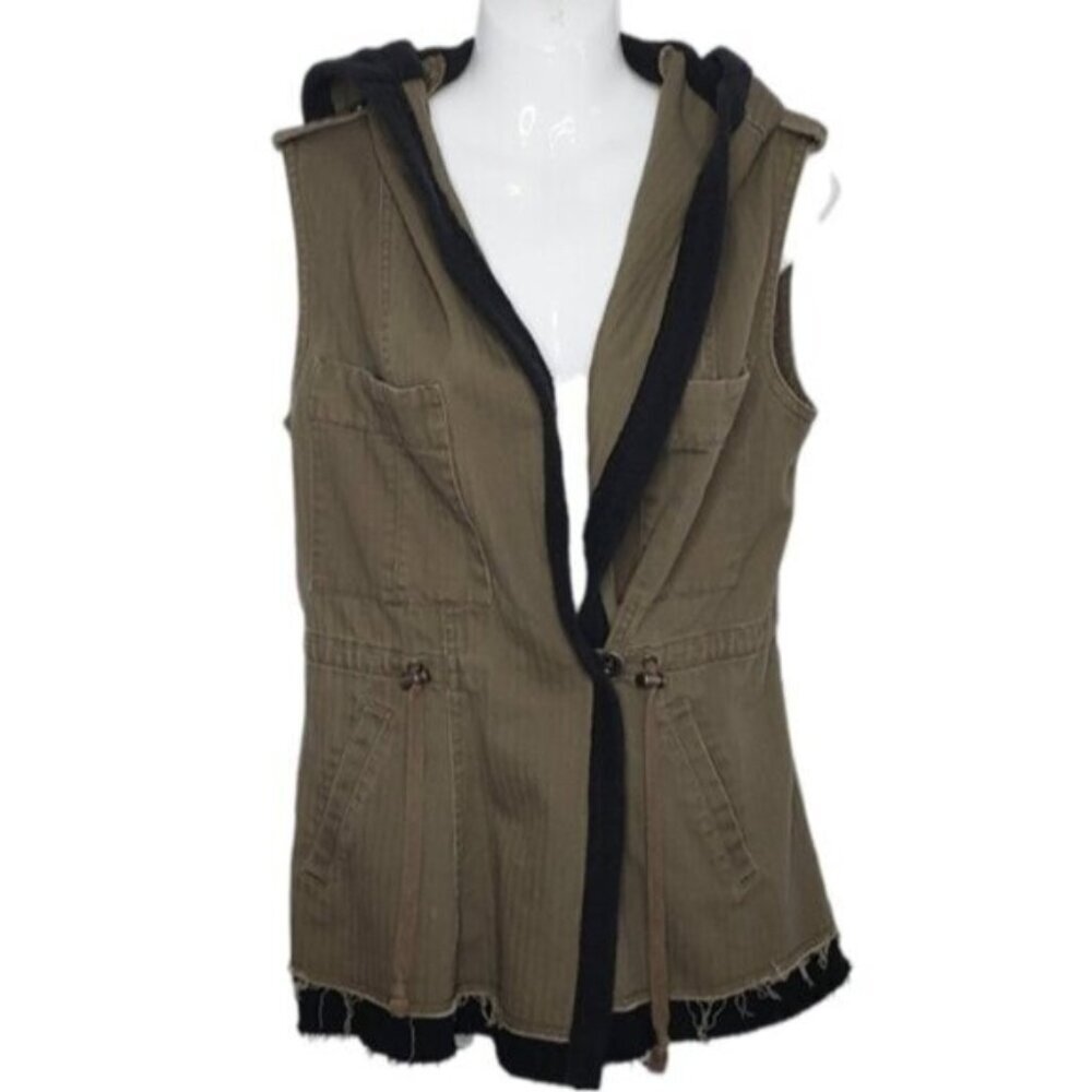 BKE Hooded Vest Women Sleeveless Distressed Olive Green Black Trim Size …